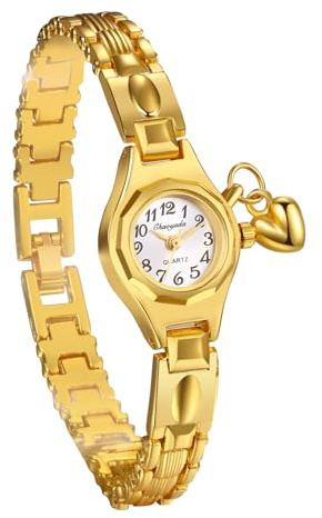 JewelryWe Orologio da Polso Dorato da Donna: Orologio al Quarzo con Pendente Cuore Bracciale Catena Colore Oro