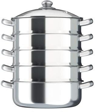 5-lagiger Mantowarka Induktion Dampfgarer Dampfkocher Edelstahl Schongarer 30cm Stapelbare Edelstahl mit Glasdeckel, für Küche Alle Herdarten Geeignet