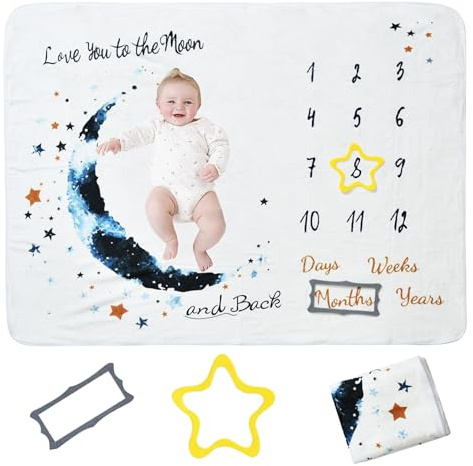 QSLKI Manta Meses Bebé, Personalizada Unisex para Baby Shower, Temática Luna, Tarjetas De Hitos, Regalo Personalizado De Nacimiento, Suave Y Gruesa, Incluye Marcos, 120x100cm