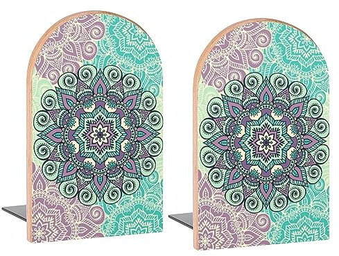 Buchstützen im Vintage-Mandalas-Design, dekorative Holz-Buchstützen für Regale, Schreibtisch, Zuhause, Büro, Buchstopper für Zeitschriften, Bücher, DVDs, 2 Stück