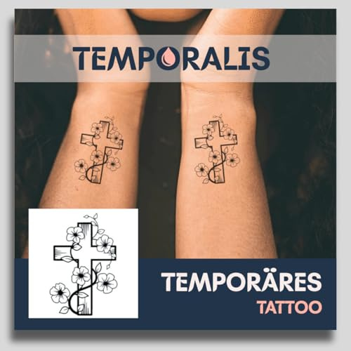 Fake Tattoo Kreuz – Temporalis® | Temporäre Tattoos für Erwachsene – EU-zertifizierte Kosmetik, vegan & wasserfest – Hält 1 bis 2 Wochen [ Florales christliches Kreuz ]