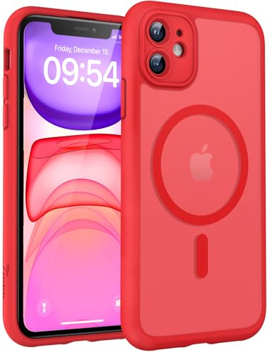 TOCOL für iPhone 11 Hülle, Kompatibel mit MagSafe, Matt Rot | Eingebauter Magnetring, Vollständiger Kameraschutz, Militärschutz Stoßfest Kratzfest Haltbarkeit, Durchscheinend Rückseite