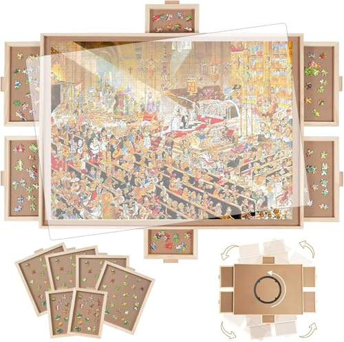 BuilderButler 1 000 bitar roterande pusselbräda med 6 lådor, 76 cm x 57 cm bärbart träpusselbord med Lazy Susan snurrande skydd
