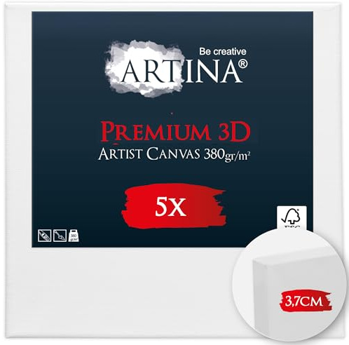 Artina Set de 5 Premium Lienzos para Pintar FSC Canvas con Bastidores tela | 60x60cm blanco 100% algodón 380g/m² lienzo grande preestirado estables óleo profesional artista 3D