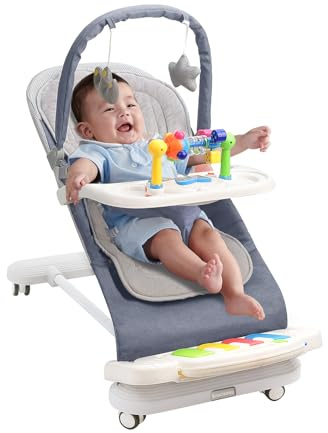 Baby Bouncer with Detachable Piano Toys, Baby Rocker with Feeding Tray, Removable Toy Bar, Thickened Cushion and Wheels. 4-Level Adjustable Bouncer Chair for Infants 0-18 Months (Blue)