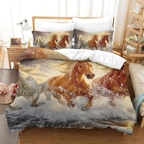 ChengzeTCo Weißes Pferd Bettbezug Bettwäsche Kinderbettwäsche-Set Reißverschluss Mit Kissenbezügen Betten Set Für Jungen Und Mädchen, Kinder Single（140x200cm）