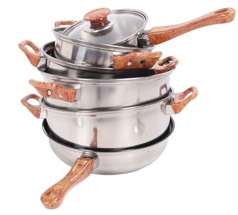 Juego de Utensilios de Cocina de Acero Inoxidable, Juego de Ollas y Sartenes, Juego de Utensilios de Cocina Antiadherentes con Tapa de Vidrio, Juego de Utensilios de Cocina de