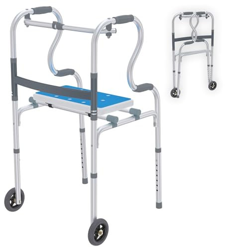 YRHome Gehhilfe für Senioren mit 2 Lenkrollen Gehbock Klappbarer für Erwachsene Stabil 8 Gang HöHenverstellung Gehhilfen aus Aluminium Bis 180 kg Gehgestell mit Abnehmbarem Sitz & Anti-Rutsch-Matte