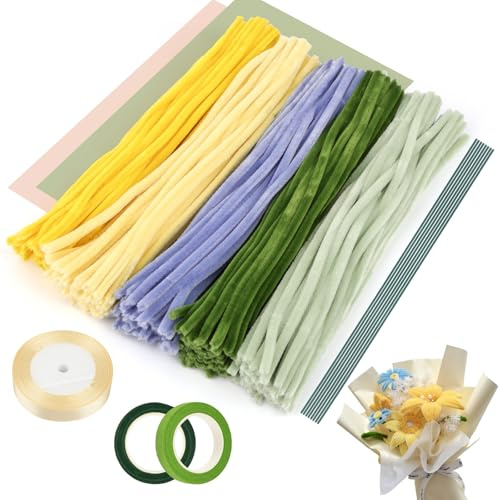 Tikplus 250 Stück Pfeifenreiniger Blumen Set, Sonnenblumen Pfeifenputzer zum Basteln, 30cm Pipe Cleaner Set mit Blumenstäbe,Blumenband,Geschenkband und Geschenkpapier für Kreative DIY-Projekte