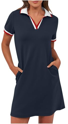 BFSWL Robe polo pour femme - Manches courtes - Col en V - Robe de golf courte - Robe de tennis - Couleur unie - Robe décontractée - Robe de sport d'extérieur avec poches - Robe d'été pour le sport, le