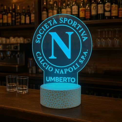 Generico Lampada LED Napoli Personalizzata con Nome | Luce Notturna RGB Multicolore con Logo Calcio Napoli | Targa Acrilica Incisa | Base Touch Decorativa per Tifosi e Regalo Bambini