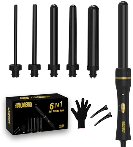 HUADUO-BEAUTY Welleneisen für Haare Keramik Set 6-in-1 Lockenstab mit Verschiedenen Aufsätzen Einstellbare 9-32mm für Große und Kleine Locken mit Handschuhen 180°C 210°C Einstellbare Temperatur