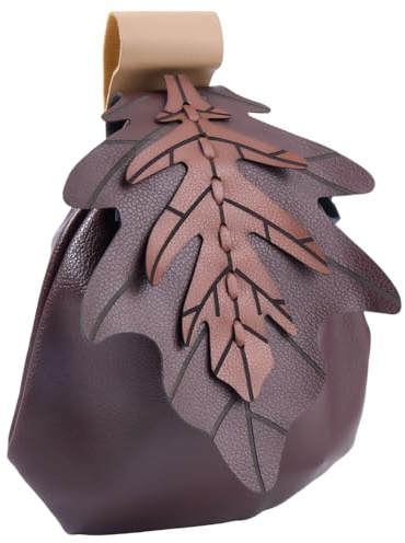 CALFOVERA Pochette de Ceinture Vintage Médiévale en Cuir PU Porte Monnaie Portable en Forme de Feuille Style Renaissance Viking Sac de Rangement à Cordon pour Costume d'halloween (Marron Coco)