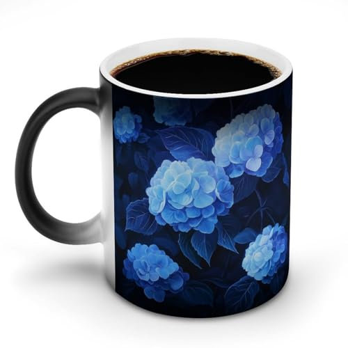 Jubonexis Glowing Blue Hydrangeas Color Changing Mugs Heat Changing Ceramic Coffee Mug Novelty Funny Tea Water Cup 11OZ