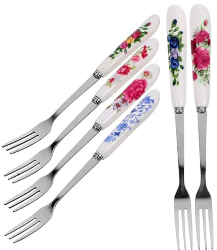 ULTECHNOVO Lot de 6 Fourchettes à Dessert Multifonctions Acier Inoxydable Manche Céramique Motifs Floraux Variés, Petites Fourchettes Portables pour Fruits, Gâteaux et Mixage, Ustensiles