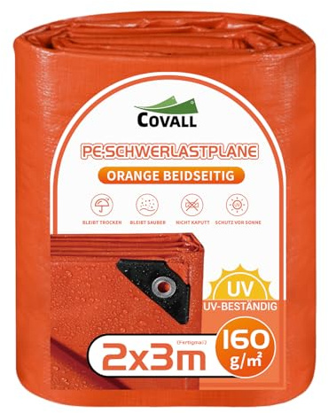 COVALL Orange Tarpaulin 2m x 3m, Waterproof Heavy Duty Tarp 160GSM, UV Protection, Reinforced Eyelets, Tear Resistant, Ground Sheets, Multipurpose Outdoor Garden Trailer Cover