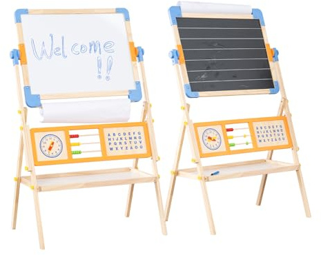 Asweets 3 in 1 Kids Art Easel, Magnetic Whiteboard/Chalkboard with Drawing Paper Roll, Abacus/Clock/Alphabet Chart - Educational Toy for Toddlers Preschoolers (3-8)