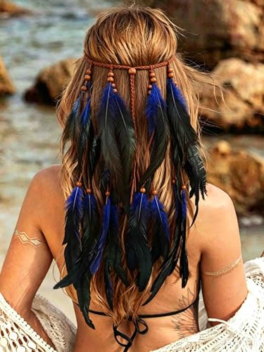 Fashband Indisches Feder-Stirnband Boho Quaste Hippie Tribal Kopfschmuck Festival Haarschmuck für Damen (Königsblau, Einheitsgröße)
