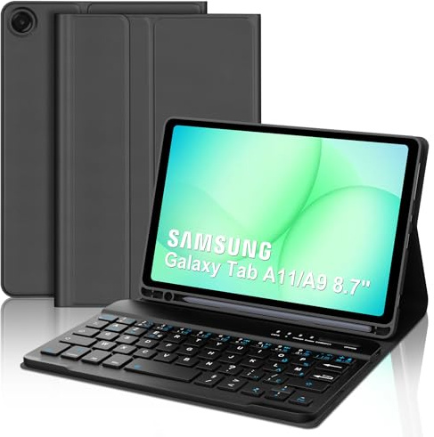 Occtingkind Coque Clavier pour Samsung Galaxy Tab A11/A9 8.7 Pouces, AZERTY Français Housse Clavier Bluetooth Détachable avec Porte Crayon pour Tablette Samsung Galaxy Tab A11/A9 8.7 2025/2023, Noir