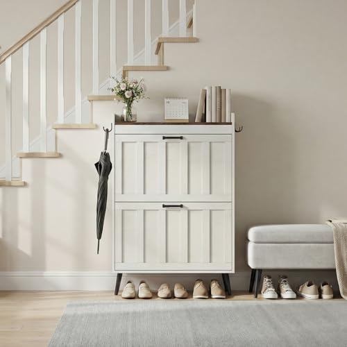 ELUREVIA Schuhschrank Schmal mit 2 Klappschubladen, Landhausstil Schuhaufbewahrung für Flur Wohnzimmer, Kippschutz, Weiß