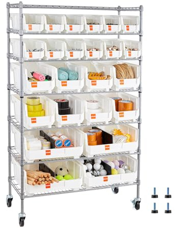 VEVOR 7-Tier Rolling Bin Storage Rack, 24 Organizer Bins, Bin Rack Storage Steel Wire Shelving System with Wheels, Mobile Tool Organizer for Garage, Warehouse, Office, Restaurant, Classroom, Kitchen