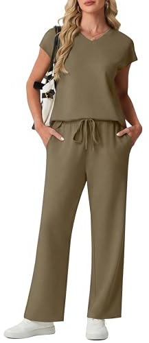 GRECERELLE Survêtement d'été à manches courtes pour femme - Tenue décontractée à col rond - Haut et pantalon de sport avec poches