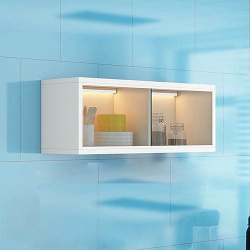 Solid Wood Wall Mounted Glass Display Cabinet with Sensor Light, Left Right Sliding Door Storage for Kitchen Bathroom Bedroom