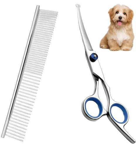 NOPVUFA Tijeras Peluquería Canina con Punta Redonda de Seguridad, Tijeras Curvas para Perros y Gatos de Acero Inoxidable con Peine, Kit Profesional para Cortar Pelo en Cara, Patas y Cuerpo