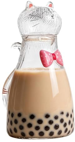 Glass Water Pitcher With Lid | 1800ml Cute Cat Beverage Container | Iced Tea Pitcher | Ideal For Coffee Milk Juice Beverage Dining Table Countertop Living Room Kitchen Office Party Outdoor