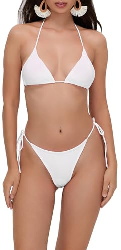 Traje de Baño Mujer Bikini 2 Piezas Bañador Sexy Ropa de Baño Juego Top Sujetador de Cuello Halter + Braguita Tanga para Playa Mar Piscina Vacación (Blanco, S)