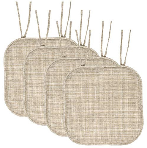 Sweet Home Collection Chair Cushion Memory Foam Pads with Ties Honeycomb Pattern Slip Non Skid Rubber Back Rounded Square 16 x 16 Seat Cover, 4 Pack, Aria Beige