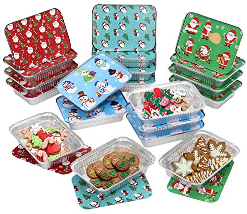 Yardwe 20PCS Christmas Treat Foil Containers with Lids, Santa Claus Snowman Aluminum Foil Pans with Lids Holiday Food Cookie Tin Box Containers For Treat Exchange Party Leftovers (4 Design)