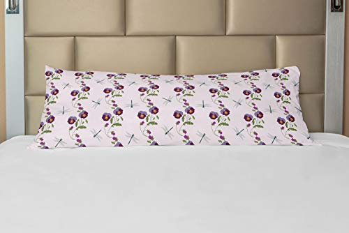 ABAKUHAUS Stiefmütterchen Körper Kissenbezug mit Reißverschluss, Vertikal-Libellen-Blumen, Deko-Akzent Langer Kissenbezug, 53 x 137 cm, Pale Mauve Lila Grün