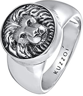 Kuzzoi Siegelring Herrenring rund massiv 15 mm 925 Silber Biker | Ring oxidiert mit Löwenkopf Retro Symbol Ring für Männer in der Ringgröße 60 - 66