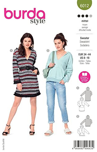 Burda Style Katalog-Schnittmuster Sweater und Kapuzenkleid | Damen, Gr. 34-44 | Nählevel: Mittel #6012