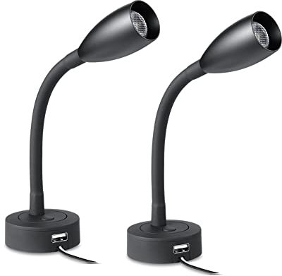 Obeaming 2 x Leselampe 12V Wohnmobil LED Dimmbar Flexible Schwanenhals Wandlampe Spot Augenpflege Bettlampe Wandmontage für Boot Wohnwagen Camper Yacht, Eingebautes USB und Dimmschalter Schwarz