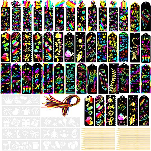 RUIJIE Kratzbilder für Kinder Lesezeichen 48 Stück Tiere Kratzbuch Kratzbild Mädchen Lesezeichen Magie Regenbogen Scratch Papier mit 24 Holzstäbchen & 24 Bunte Bänder für Party DIY Geschenkanhänger