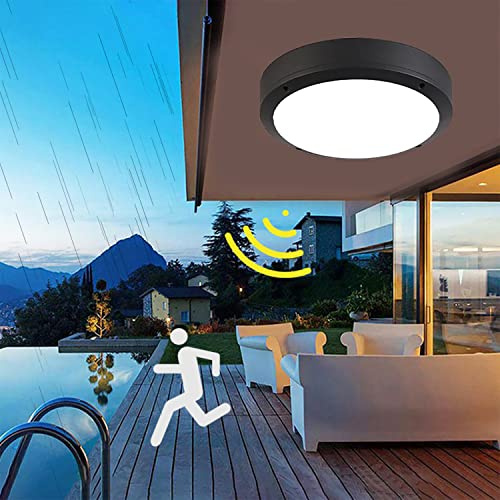KZT Außen Deckenleuchte mit Bewegungssensor IP65 wasserfest Badlampe 18W LED Deckenlampe mit Dämmerungssens Aluminium rund Deckenlampe für Flur Keller Treppe Ausgang Balcony Lounge Kaltweiß Ø27.5CM