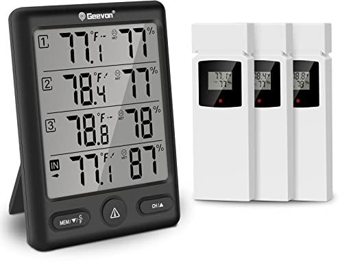 Geevon Funk Thermometer Innen Außen mit 3 Fernsensoren, Thermometer Hygrometer Feuchtigkeit Digital, Temperatur und Luftfeuchtigkeitsmesser mit 60M/200FT Reichweite (228646 TN Schwarz ohne Batterie)