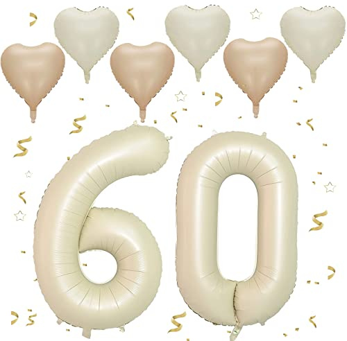Beige Luftballon 60, Folienballon Zahl 60 Creme Weiß, 40 Zoll Helium Ballon 60, Geburtstagsdeko Folienballon Zahlen 6 & 0, Luftballon 60.Geburtstag Dekor-Set für Männer Frauen Geburtstag Party Deko