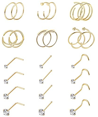 Vegolita 24PCS 22G 316L Stainless Steel Nose Rings Hoop for Women Men Nose Studs CZ Cartilage Helix Tragus Piercing Jewelry G