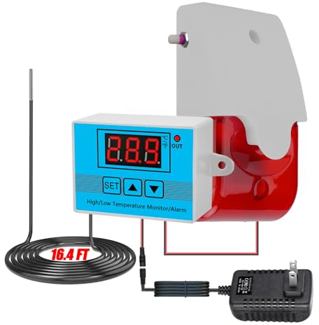 Indoor Outdoor Thermometer, Digital High&Low Temperature Monitor, Smart Freezer Thermometer with 5M Waterproof Probe, 0~120dB Adjustable Sound Light Alarm for Fridge/Cold Chain/RV/Pond/Farming/Factory