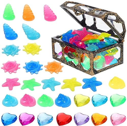 POPETPOP 60 Stück Aquarium-Muschel Leuchtende Steine Kunststoff Diamant-Juwelen Aquarium-Deko Mit Schatztruhe Für Landschaftsaquarien -Dekoration Partygeschenke (Zufällige Farbe)
