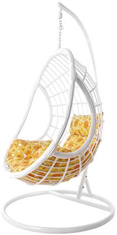 KIDEO Komplettset: großer Hängesessel mit Gestell & Kissen, Hängesessel weiß, Lounge Möbel, Poly-Rattan, weiß (Kissen: gelb geblümt Nest (2300 Sunflower))