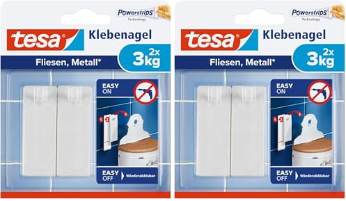 tesa Klebenagel Fliesen&Metall, 2er Set - Klebenagel für glatte und feste Oberflächen in Badezimmer und Küche, 3 kg Haltekraft - ablösbar und wiederverwendbar - 2 Stück (Packung mit 2)