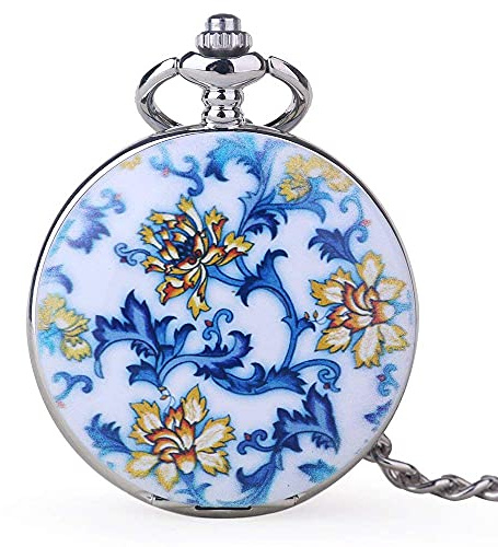Tiong Unique Design Blue and White Porcelain Flower Pocket Watches Roman Number Mechanical Pocket Watches