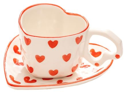 WAIT FLY Set di tazze da caffè in ceramica a forma di cuore con piattino, tazza da tè, tazza da colazione, piatto da dessert, colore rosso, 230 ml