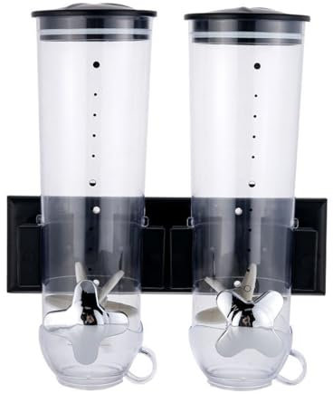 BURLOE Double Cereal Dispenser, Wall Mounted Dispenser with Locking Caise Plastic Rotary System Practical Storage for Nuts Cornflakes Sweets,Black