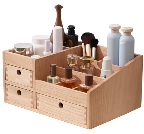 KIRIGEN mobile porta trucchi in legno da tavolo organizzatore di cosmetici organizzatore di gioielli scatola porta trucchi a 8 scomparti con 3 cassetti colore naturale