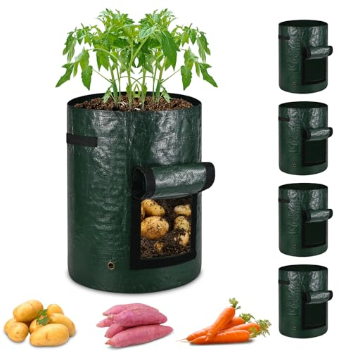 ECCOGREAT 5 X 40L Borsa per la coltivazione in PE con finestra e robusta maniglia per il trasporto per coltivare patate, pomodori, fragole, fiori, piante e ortaggi sul balcone o in giardino